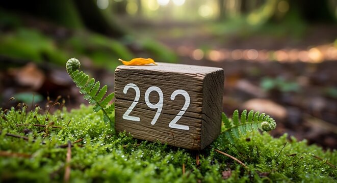 Wooden block with number 292 sits in a forest setting with natural details