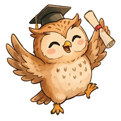Naklejka premium Cute wise brown owl character reading a book in a cartoon illustration style