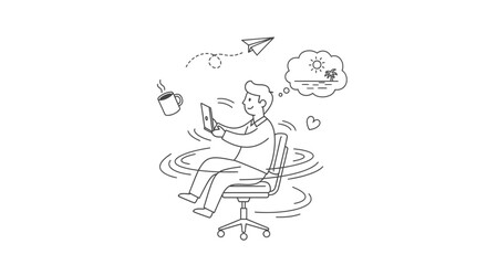 Fototapeta premium Male Employee Bored At Office Desk Spinning On Chair Thinking Of Summer Holiday Vector Illustration