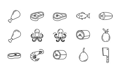 Meat and seafood stroke icon set editable outline food collection chicken fish beef vector illustration © MdMoymul