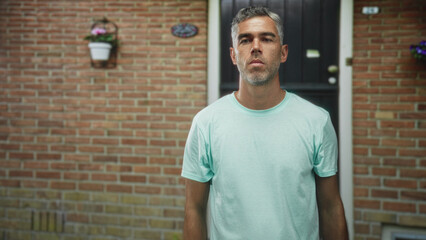 Fototapeta premium Man touches temples and opens mouth at building doorway wearing a mint shirt and staring forward; surprise reflection introspection.