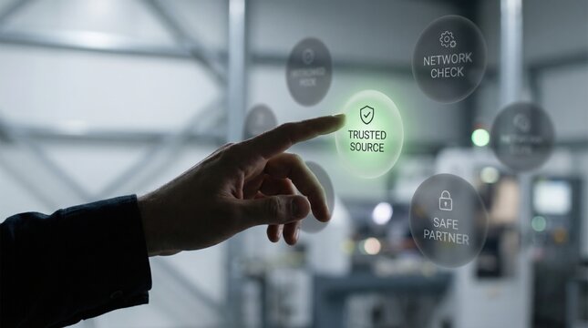Friendshoring - A hand selects a glowing node labeled TRUSTED SOURCE NETWORK CHECK SAFE PARTNER on a sleek, minimal supplier interface in a cinematic close-up.