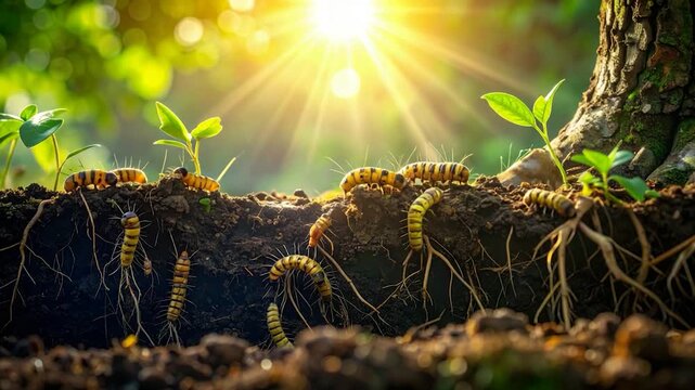 Sunlight bathes soil, seedlings & creatures near a tree trunk, a vibrant scene