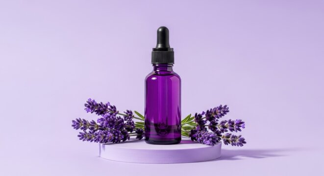 Lavender essential oil bottle with fresh flowers on modern display