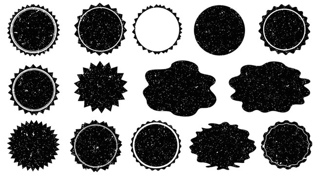 Grunge Stamp Seals Collection: Round, Starburst, and Blob Shapes, Black Texture Icons