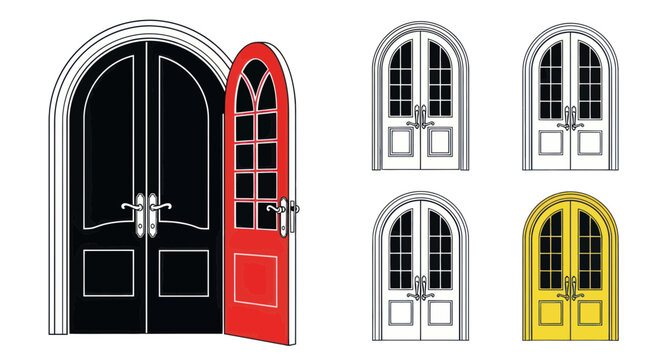 Variety of Arched Doors: Open Black, Red, White, and Yellow Options