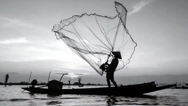 A monochrome image of a fisherman casting a net from a boat