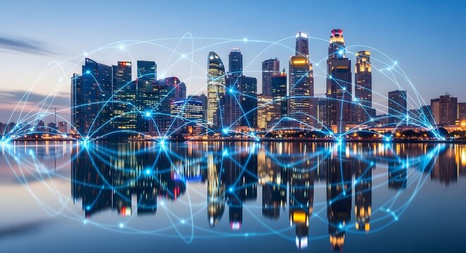 Smart City Skyline: Digital Network Connecting Modern Buildings