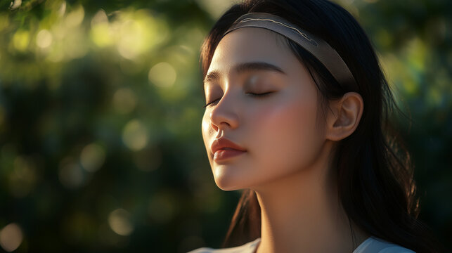 Serene woman wearing a futuristic neural headband for meditation and mental wellness, soft natural light.