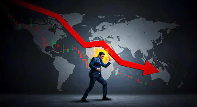 Businessperson struggling against a global economic downturn represented by a downward trending graph superimposed on a world map, signifying financial crisis