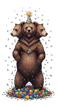 A fantastical three-headed bear adorned with a party hat and necklace, standing amidst a colorful confetti and balloon-strewn celebration