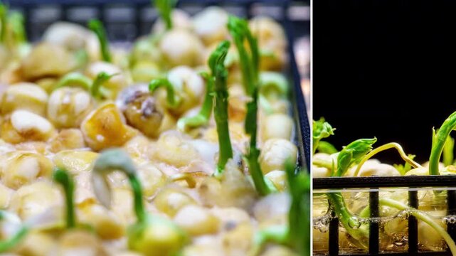 Pea Germination Hyperlapse Split View, Seed Sprouting Process Macro Dual Perspective