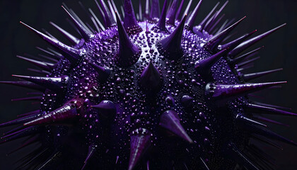 Vibrant purple sea urchin with sharp spines on dark background underwater