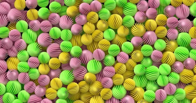 Playful 3D animation of colorful spiral balls falling freely and accumulating to cover the ground on a transparent background. Ideal for fun motion graphics, kids content, festive visuals, and creativ
