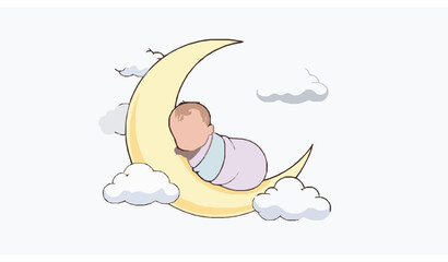 Obraz premium Adorable Sleeping Baby on Moon with Stars Cute Nursery Vector Illustration