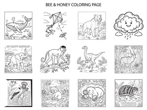 Bee and honey coloring page set featuring various animals and nature elements for educational and creative children fun