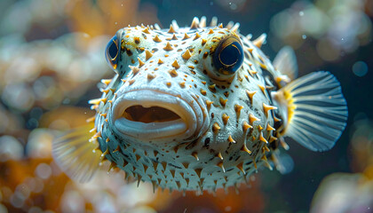 A large pufferfish with distinctive orange spots swims towards the camera underwater.