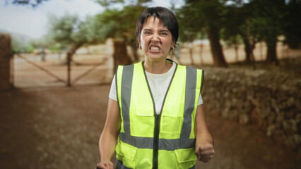 Naklejka premium Woman in a yellow safety vest clenches fists and grimaces at a closed gate in a forest setting; frustration determination.