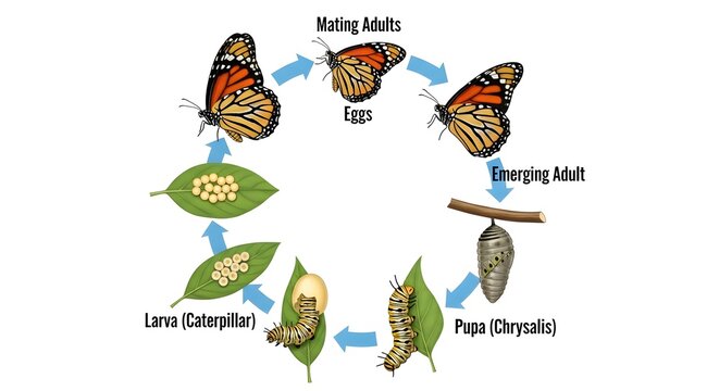 Butterfly reproduction life cycle diagram showing mating adults, egg clusters on leaves, caterpillar larva, pupa or chrysalis and emerging adult butterfly, emphasizing continuous metamorphic cycle fro