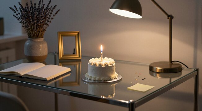 Small white cake with single lit candle on glass desk