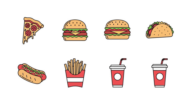 Assorted fast food icons pizza burger taco hotdog fries drink