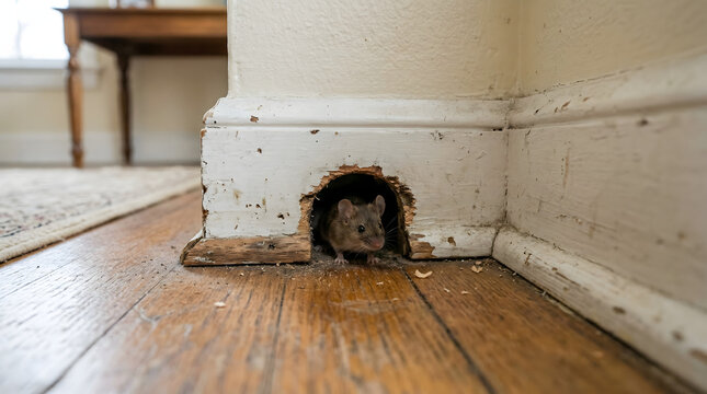 A small brown mouse peeking out from a hole chewed in a white wooden baseboard inside a house with wooden floors.