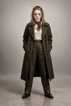 Ganzk&ouml;rperportr&auml;t einer weinenden jungen Frau in elegantem olivgr&uuml;nem Mantel mit verlaufener Mascara