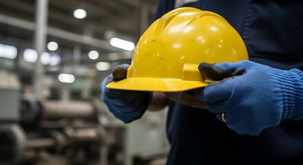 Fototapeta premium May day safety first construction worker with yellow hard hat prioritizing workplace health and security