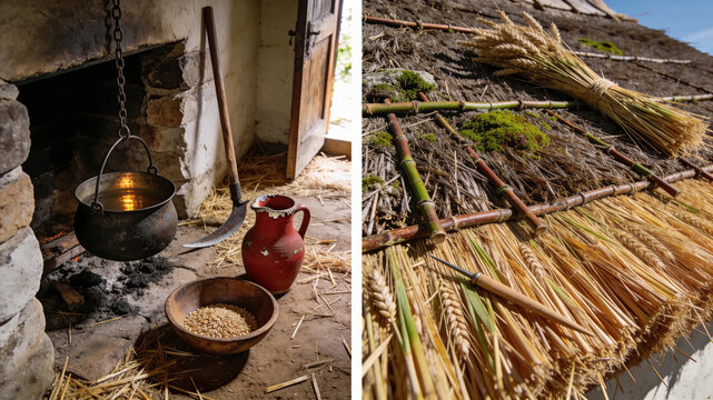 A diptych showing a medieval hearth with a hanging iron pot and a detailed view of a traditional thatched roof with wheat bundles and bamboo supports