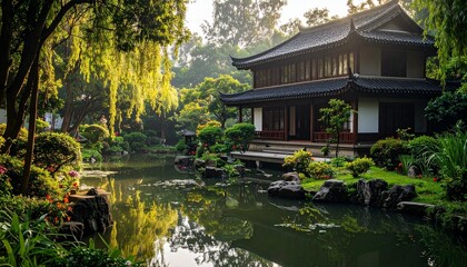 Naklejka premium Serene Japanese Garden with Traditional House and Reflecting Pond.