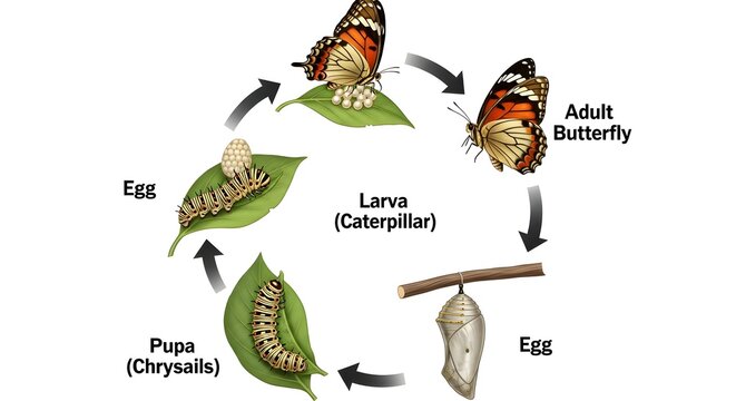 Butterfly life cycle diagram with labeled stages egg, larva (caterpillar), pupa (chrysalis) and adult butterfly, forming a circular path that clearly demonstrates growth and transformation during comp