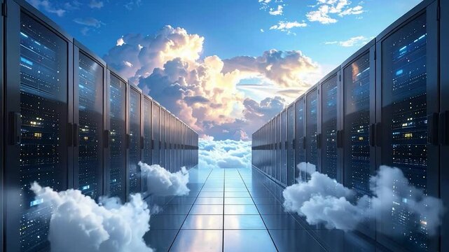 Data center racks flanking a cloudy sky walkway, reaching the clouds