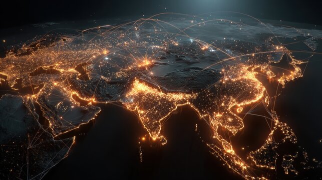 Global network connections illuminated across earth at night