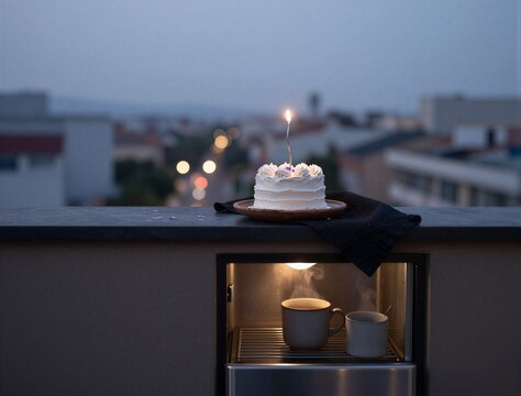 Small cake with lit candle on rooftop ledge at dusk