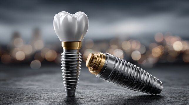 Dental implants and crowns displayed on a surface with blurred background