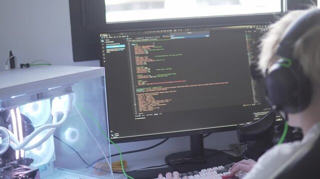 A teenage boy learns programming while working at a desktop computer, writing code on a monitor in a modern home workspace. The scene highlights focus, learning, and skill development in a tech-driven
