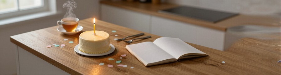 Fototapeta premium Small birthday cake with candle on kitchen island counter