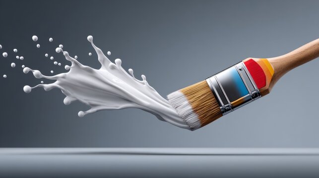 Brush creates white paint splash on surface in artistic display of color and design