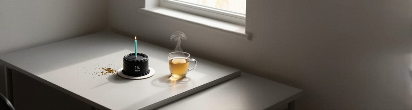 Small dark cake with lit candle beside steaming tea cup