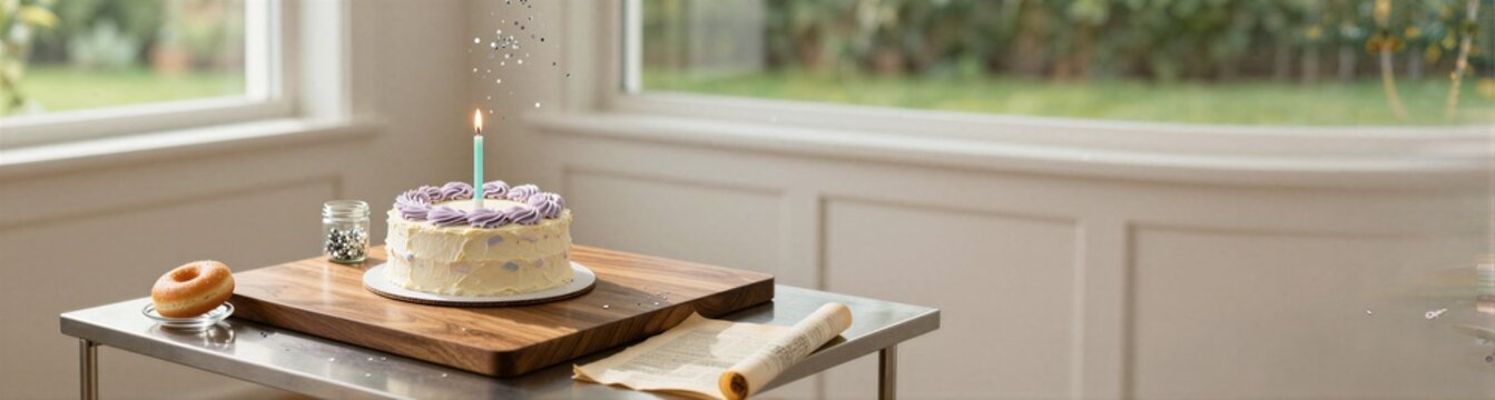 Layered cake with single candle on kitchen table near window