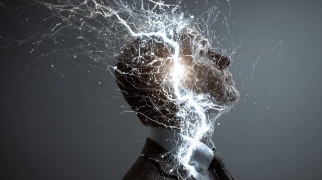 Man's head exploding with bright white electrical energy