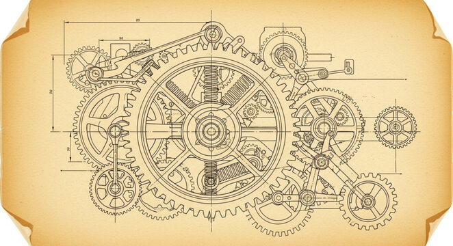Vintage Mechanical Gear Blueprint Design.