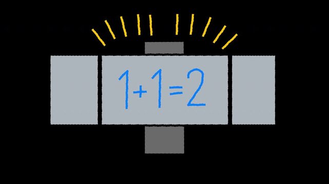 4K animation of a school chalkboard opening to reveal "1+1=2" with radiant rays. Minimalist education, e-learning, and basic math concept on transparent background, seamless loop.