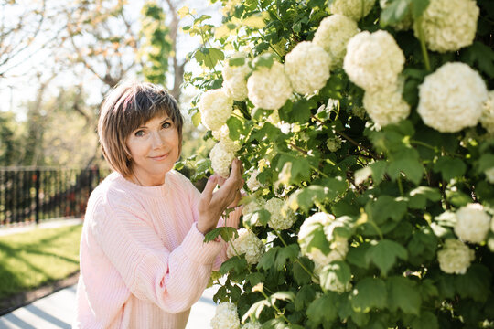 Blonde senior woman 55-60 year old posing with blooming bushes with white flowers in park outdoors. Mature wellbeing lifestyle. Springtime.