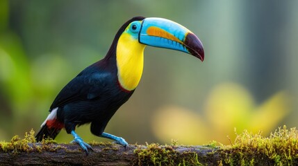 Obraz premium A stunning toucan with a massive, colorful beak perched on a mossy branch amidst a lush, blurred tropical forest.