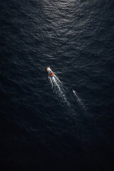 Obraz premium Aerial Overhead Drone View Nautical Maritime Ocean Sea Marine Vessel Motorboat Rescue Emergency Coastguard Navigation Transportation