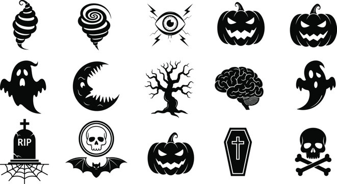 Halloween spooky icons set with black silhouettes of pumpkins ghosts skulls bats dead tree coffin and gothic horror elements for stickers and festive graphic designHalloween spooky icons set with blac