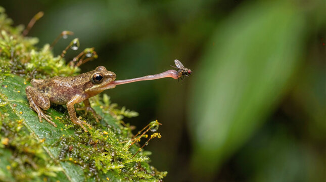 Massive high-speed macro of a tiny Dart Frog (Dendrobatidae) catching an insect mid-flight with wide copy space