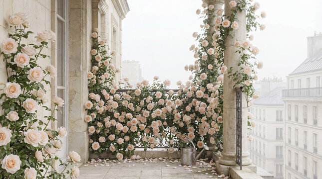 Rose wreathed balcony doorway overlooking skyline, lush climbing roses framing glass doors, ceramic pots and wicker chair on stone floor,