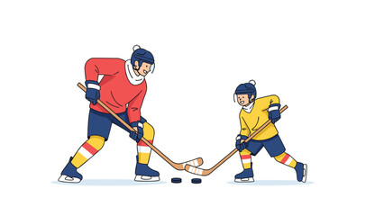 Fototapeta premium Energetic adult and child play a game of ice hockey together with sticks and pucks on a clean white background.